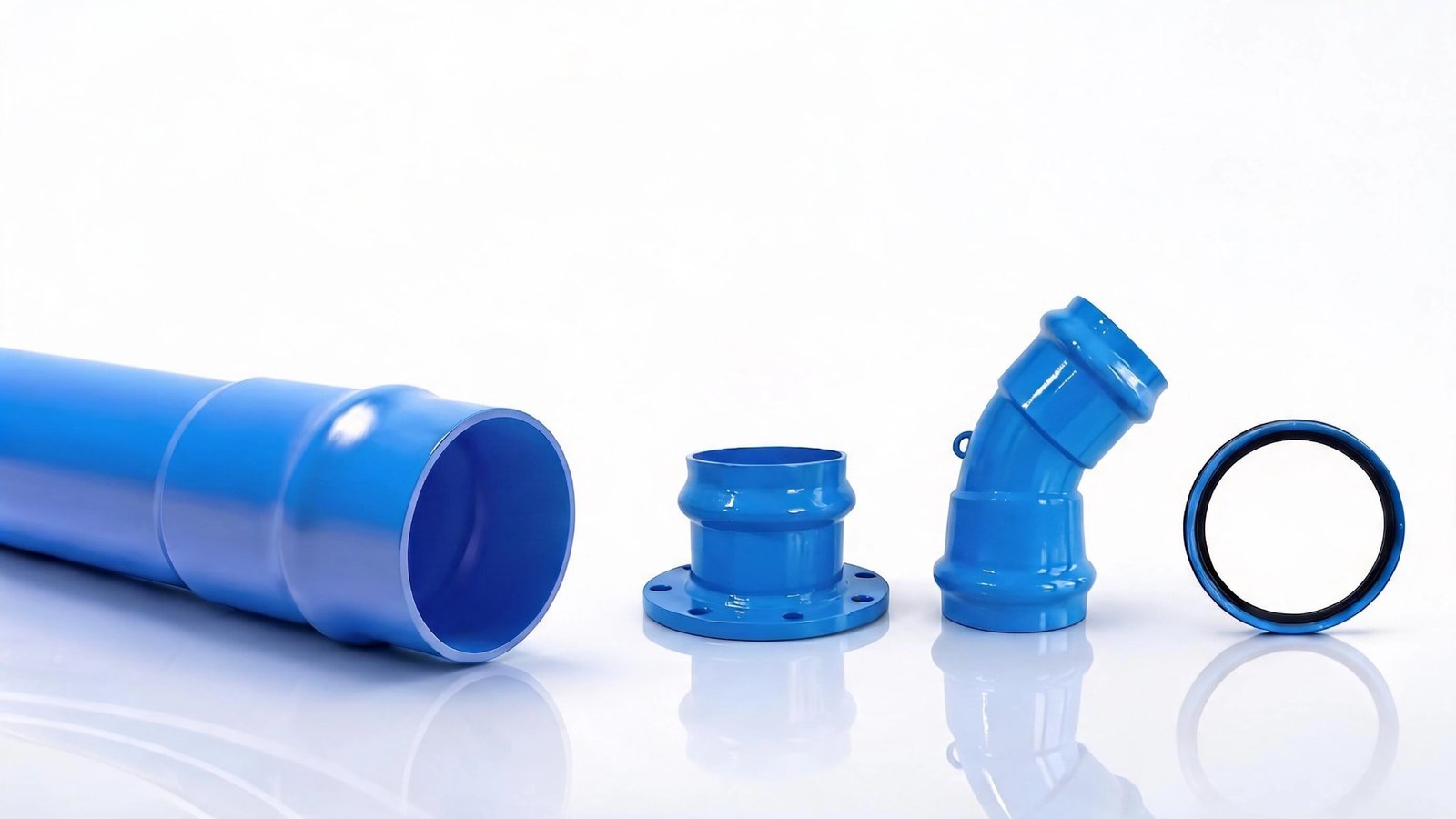 Finished PVC-O pipes, fittings and sealing rings on white background